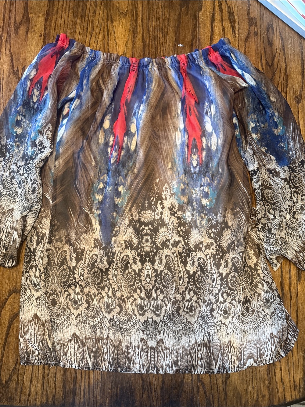 Pink Owl Brown Printed Off-Shoulder Tunic with Red & Blue Accents size medium